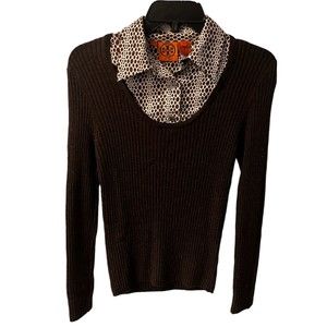 TORY BURCH brown wool silk collar layered look sweater Sz M pullover rib knit